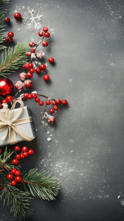 Christmas background fir twigs red berries cones Xmas lights abstract text space gifts texture shine clipartの素材