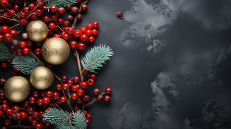Christmas background fir twigs red berries cones Xmas lights abstract text space gifts texture shine clipartの素材