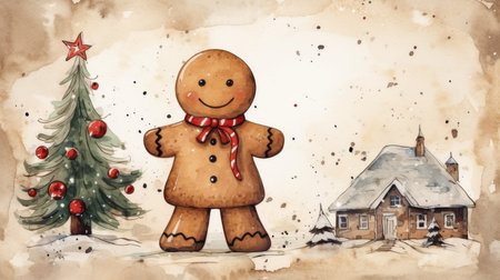 Old fashioned Christmas postcard on vintage parchment grunge texture Vintage Christmas watercolor illustrationの素材