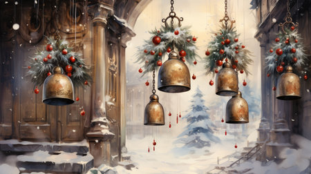 Old fashioned Christmas postcard on vintage parchment grunge texture Vintage Christmas watercolor illustrationの素材