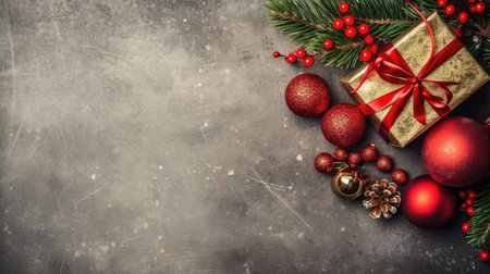 Christmas background fir twigs red berries cones Xmas lights abstract text space gifts texture shine clipartの素材