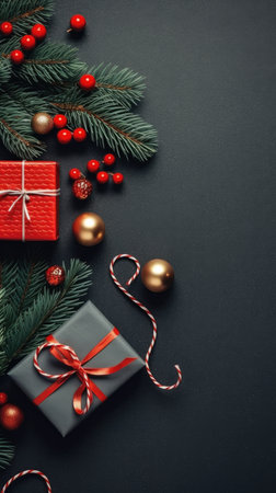 Christmas background fir twigs red berries cones Xmas lights abstract text space gifts texture shine clipartの素材