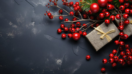 Christmas background fir twigs red berries cones Xmas lights abstract text space gifts texture shine clipartの素材