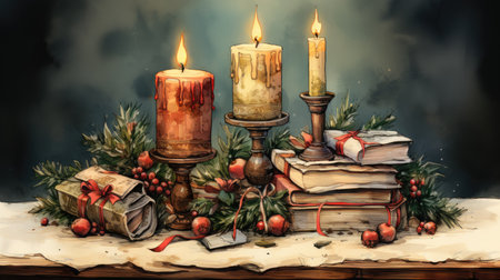 Old fashioned Christmas postcard on vintage parchment grunge texture Vintage Christmas watercolor illustrationの素材
