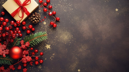 Christmas background fir twigs red berries cones Xmas lights abstract text space gifts texture shine clipartの素材