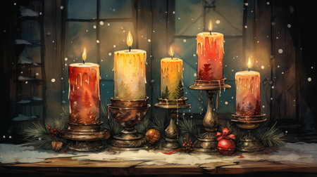 Old fashioned Christmas postcard on vintage parchment grunge texture Vintage Christmas watercolor illustrationの素材