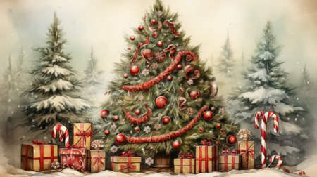 Old fashioned Christmas postcard on vintage parchment grunge texture Vintage Christmas watercolor illustrationの素材