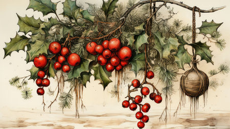 Old fashioned Christmas postcard on vintage parchment grunge texture Vintage Christmas watercolor illustrationの素材