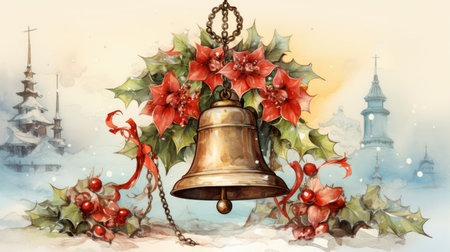 Old fashioned Christmas postcard on vintage parchment grunge texture Vintage Christmas watercolor illustrationの素材