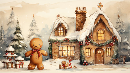 Old fashioned Christmas postcard on vintage parchment grunge texture Vintage Christmas watercolor illustrationの素材