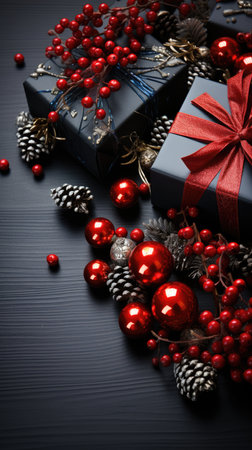Christmas background fir twigs red berries cones Xmas lights abstract text space gifts texture shine clipartの素材