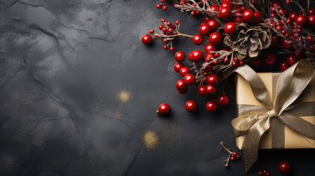Christmas background fir twigs red berries cones Xmas lights abstract text space gifts texture shine clipartの素材