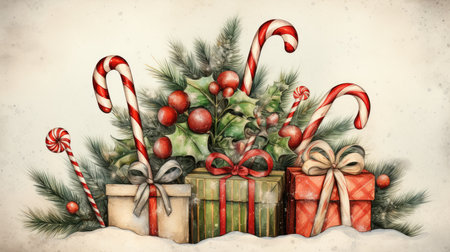 Old fashioned Christmas postcard on vintage parchment grunge texture Vintage Christmas watercolor illustrationの素材