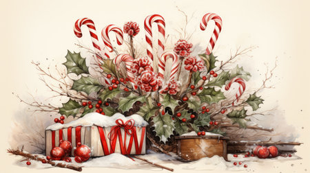 Old fashioned Christmas postcard on vintage parchment grunge texture Vintage Christmas watercolor illustrationの素材