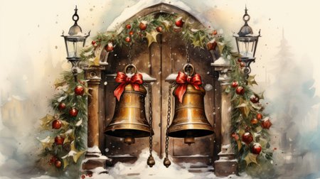 Old fashioned Christmas postcard on vintage parchment grunge texture Vintage Christmas watercolor illustrationの素材