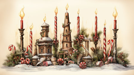 Old fashioned Christmas postcard on vintage parchment grunge texture Vintage Christmas watercolor illustrationの素材