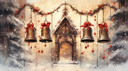 Old fashioned Christmas postcard on vintage parchment grunge texture Vintage Christmas watercolor illustrationの素材