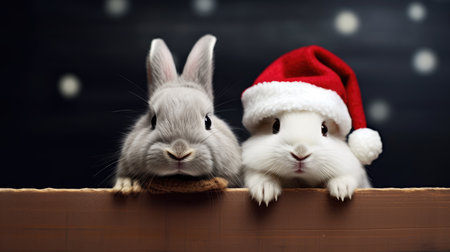 Cute rabbit hare red santa hat background snow postcard fluffy animals gift red winter photo art wall posterの素材