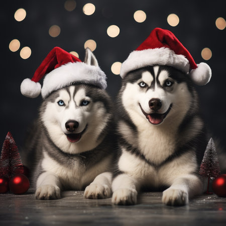 Cute dog puppy with christmas gift boxes concept photo poster merry present red new year white red dogの素材