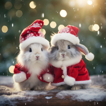 Cute rabbit hare red santa hat background snow postcard fluffy animals gift red winter photo art wall posterの素材