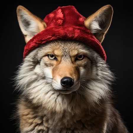 Cute wolf coyote red santa hat background snow postcard fluffy animals gift red winter photo art wall posterの素材