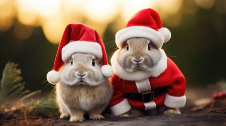 Cute rabbit hare red santa hat background snow postcard fluffy animals gift red winter photo art wall posterの素材