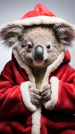 Cute koala red santa hat background snow postcard fluffy animals gift red winter photo wapp art posterの素材