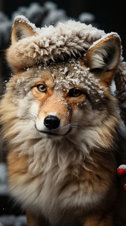 Cute wolf coyote red santa hat background snow postcard fluffy animals gift red winter photo art wall posterの素材