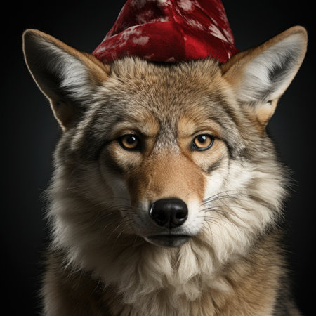 Cute wolf coyote red santa hat background snow postcard fluffy animals gift red winter photo art wall posterの素材