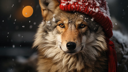 Cute wolf coyote red santa hat background snow postcard fluffy animals gift red winter photo art wall posterの素材