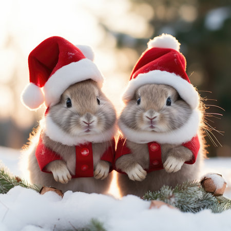 Cute rabbit hare red santa hat background snow postcard fluffy animals gift red winter photo art wall posterの素材