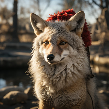 Cute wolf coyote red santa hat background snow postcard fluffy animals gift red winter photo art wall posterの素材