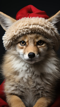 Cute wolf coyote red santa hat background snow postcard fluffy animals gift red winter photo art wall posterの素材