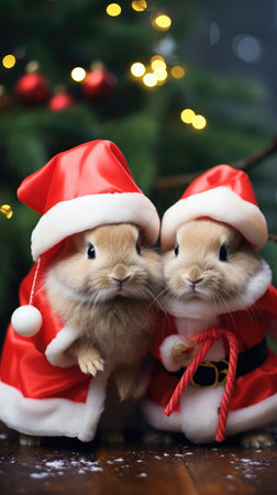 Cute rabbit hare red santa hat background snow postcard fluffy animals gift red winter photo art wall posterの素材