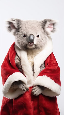 Cute koala red santa hat background snow postcard fluffy animals gift red winter photo wapp art posterの素材
