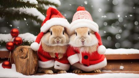 Cute rabbit hare red santa hat background snow postcard fluffy animals gift red winter photo art wall posterの素材