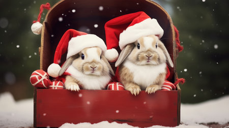 Cute rabbit hare red santa hat background snow postcard fluffy animals gift red winter photo art wall posterの素材