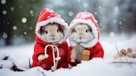 Cute rabbit hare red santa hat background snow postcard fluffy animals gift red winter photo art wall posterの素材