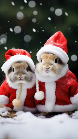 Cute rabbit hare red santa hat background snow postcard fluffy animals gift red winter photo art wall posterの素材