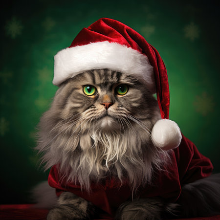 Adorable fluffy cat Santa hat sitting Christmas present box lights background new year poster santa hat photographyの素材