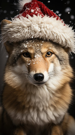 Cute wolf coyote red santa hat background snow postcard fluffy animals gift red winter photo art wall posterの素材