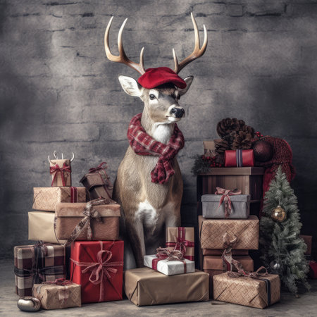 Cute deer hare red santa hat background snow postcard fluffy animals gift red winter photo art wall posterの素材