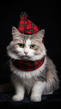 Adorable fluffy cat Santa hat sitting Christmas present box lights background new year poster santa hat photographyの素材