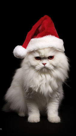 Adorable fluffy cat Santa hat sitting Christmas present box lights background new year poster santa hat photographyの素材