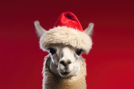 Cute llama wearing Christmas hat Posing red background funny looking santa new year clipart camel photo happyの素材
