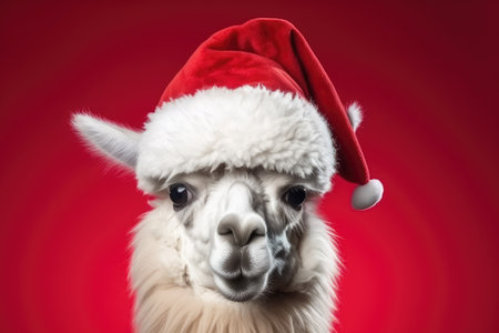 Cute llama wearing Christmas hat Posing red background funny looking santa new year clipart camel photo happyの素材
