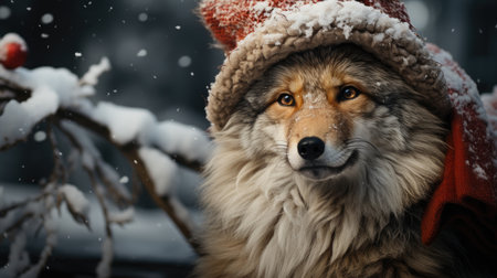 Cute wolf coyote red santa hat background snow postcard fluffy animals gift red winter photo art wall posterの素材
