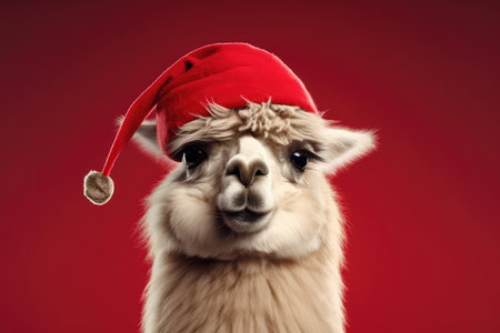 Cute llama wearing Christmas hat Posing red background funny looking santa new year clipart camel photo happyの素材