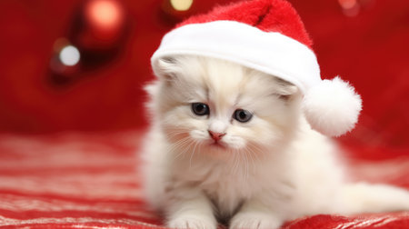 Adorable fluffy kitty Santa hat sitting Christmas present box lights background new year poster santa hat photographyの素材