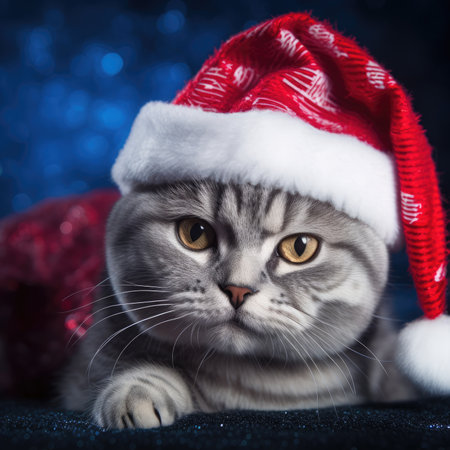 Adorable fluffy cat Santa hat sitting Christmas present box lights background new year poster santa hat photographyの素材